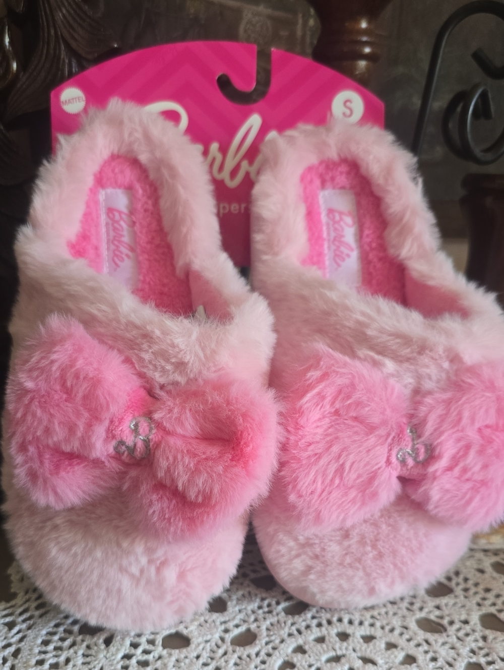 Barbie Plush Bow  Slippers in Light Pink